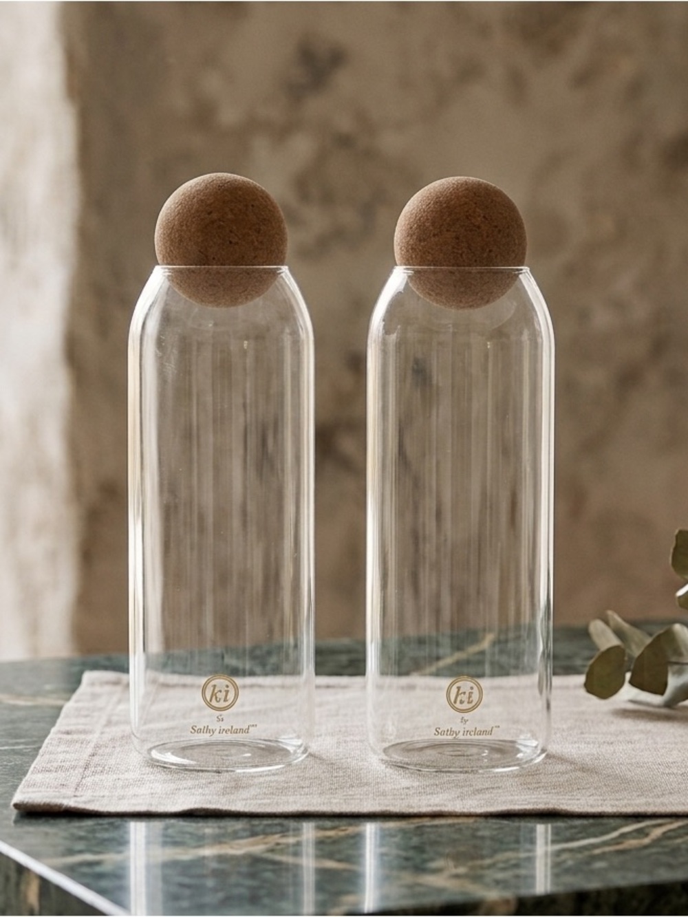2 Tall Clear Glass Storage Jars with Cork Ball Lid ( Set of 2 Jars)